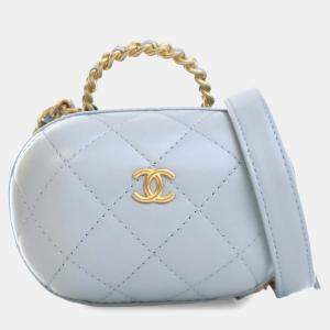 Chanel Blue Quilted Lambskin CC Bubble Vanity Case With Chain