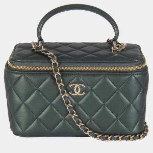 Chanel Dark Green Iridescent Quilted Lambskin Top Handle Vanity Case With Chain