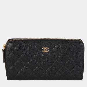 Chanel Black Quilted Caviar Zip Around L-Gusset Wallet