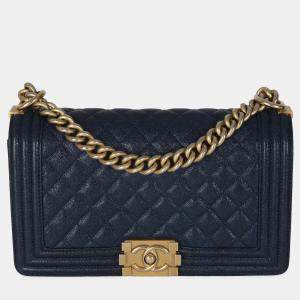 Chanel Navy Quilted Caviar Medium Boy Bag