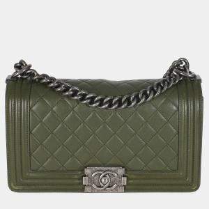 Chanel Green Quilted Lambskin Old Medium Boy Bag