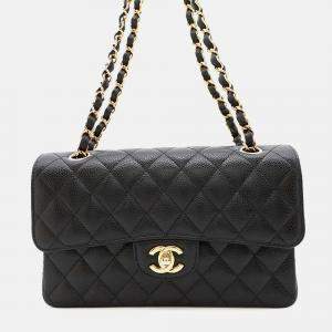 Chanel Matelassé W Flap Chain Shoulder Bag Black Caviar Leather 23