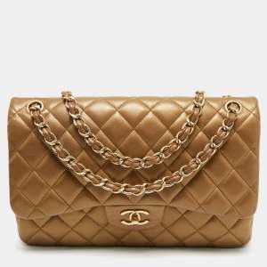 Chanel Gold Quilted Leather Jumbo Classic Double Flap Bag