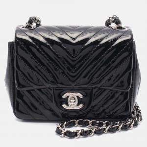 Chanel Black Mini Square Classic Chevron Patent Single Flap