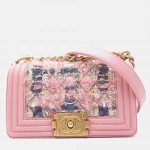 Chanel Pink Small Tweed and Lambskin Boy Flap