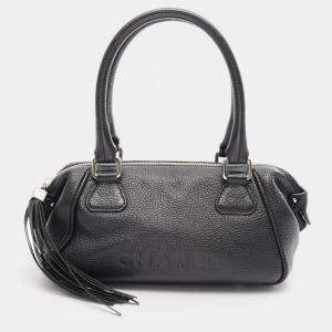 Chanel Logo Hand Shoulder Bag Tassel Calfskin Leather Black