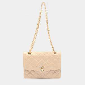 Pre Owned Chanel Matelasse Paris Limited W Flap Chain Shoulder Bag Leather Beige Coco Cc