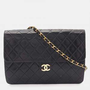 Chanel Matelasse Single Flap Chain Shoulder Bag Lamb Sheep Leather Black Cc