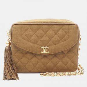 Pre Owned Chanel Matelasse Tassel Chain Shoulder Bag Fabric Linen Khaki Ghw Cc
