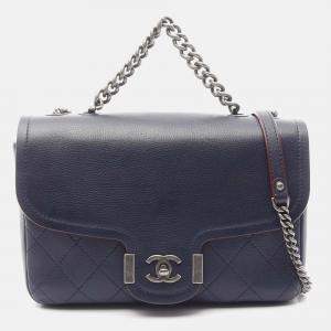 Chanel Matelasse Hand Chain Shoulder Crossbody Bag Leather Navy