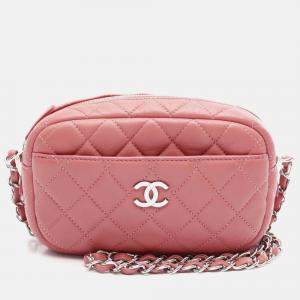 Chanel Matelasse Chain Shoulder Crossbody Bag Lambskin Leather Pink Shw