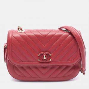 Chanel Chevron V Stitch Chain Shoulder Bag Leather Red Ghw Coco Cc
