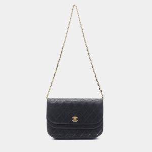 Pre Owned Chanel Matelasse W Flap Chain Shoulder Bag  Lambskin Black Ghw