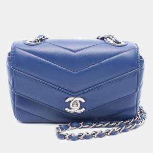 Chanel Chevron V Stitch Chain Shoulder Bag  Leather Blue Shw Cc