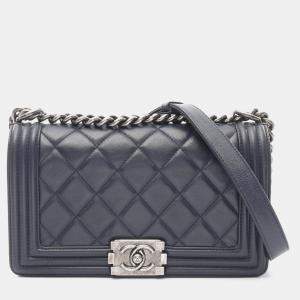 Chanel Boy Chanel Chain Shoulder Bag  Lamb Sheep Leather Navy Shw