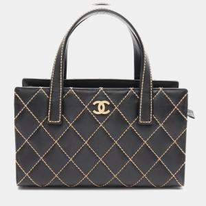 Chanel Wild Stitch Tote Hand Bag Leather Black