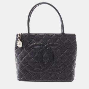 Chanel Medallion Tote Hand Bag Leather Grained Calfskin Black Shw Cc