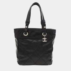 Chanel Paris Biarritz Pm Tote Bag  Canvas Leather Black Shw Cc
