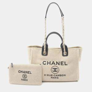 Chanel Deauville Small Shoulder Tote Bag  Canvas Leather Beige Black Ghw