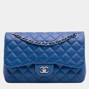 Chanel Classic Double Flap Jumbo Blue Lambskin Shoulder Bag