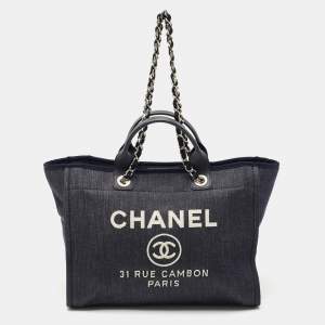 Pre Owned Chanel Navy Blue Denim Large Deauville Shopper Tote