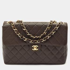 Pre Owned Chanel Dark Brown Quilted Caviar Leather Jumbo Vintage Classic Flap Bag