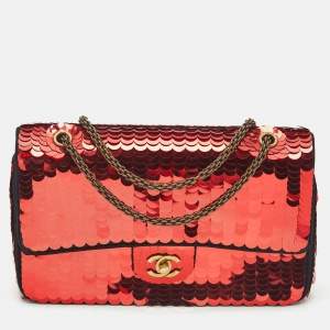 Chanel Red Sequin Satin Medium Paris-Shanghai Classic Double Flap Bag
