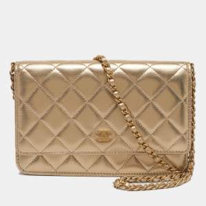 Pre Owned Chanel Gold Quilted Leather Wallet on Chain
