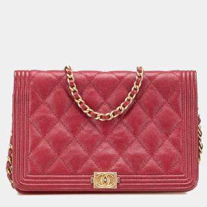 Chanel Red Quilted Caviar Boy Wallet on Chain