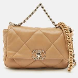 Pre Owned Chanel Beige Quilted Leather Small 19 Flap Bag