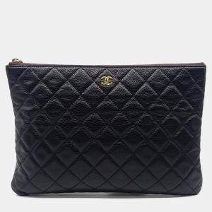 Pre Owned Chanel Black Leather Caviar Clutch New Medium