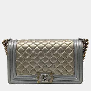 Chanel Gold Silver Leather Medium Boy Bag 