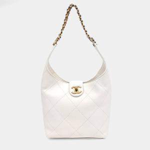 Pre Owned Chanel White Leather Chain Hobo Bag