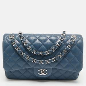 Pre Owned Chanel Blue Quilted Caviar Leather Jumbo Classic Double Flap Bag