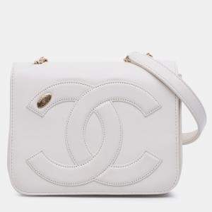 Pre Owned Chanel White Lambskin CC Mania Flap Bag