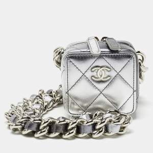 Chanel Silver Quilted Leather Like A Wallet Chain Clutch