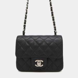Pre Owned Chanel Square Flap Mini Black Caviar Leather Quilted Shoulder Bag
