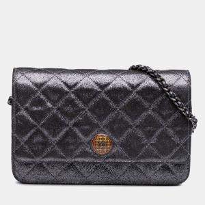 Pre Owned Chanel Silver Quilted Iridescent Lambskin Tartan Button Wallet On Chain