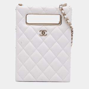 Pre Owned Chanel White Mini Quilted Caviar Cut Out Evening Tote