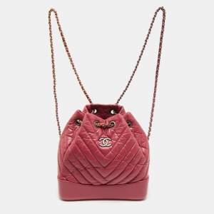 Pre Owned Chanel Dark Pink Chevron Leather Small Gabrielle Backpack