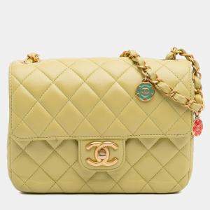 Pre Owned Chanel Green Mini Square Lambskin Casino Royale Charms Single Flap