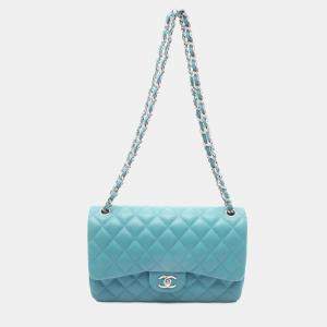 Pre Owned Chanel Blue Jumbo Classic Lambskin Double Flap