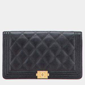 Pre Owned Chanel Black Quilted Caviar Boy Yen Long Wallet