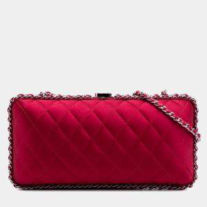 Chanel Red Quilted Satin Chain Around Clutch