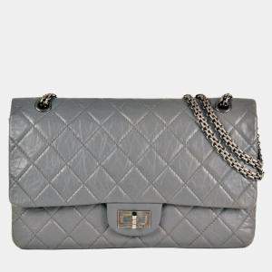 Pre Owned Chanel 2.55 Double Flap Grey Leather Shoulder Bag