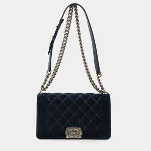 Pre Owned Chanel Boy Navy Velour Chain Shoulder Bag