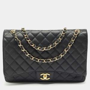 Pre Owned Chanel Black Quilted Caviar Leather Maxi Classic Double Flap Bag