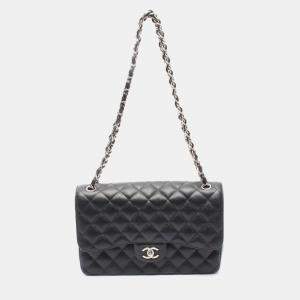 Pre Owned Chanel Classic Double Flap Jumbo Black Calfskin Chain Shoulder Bag