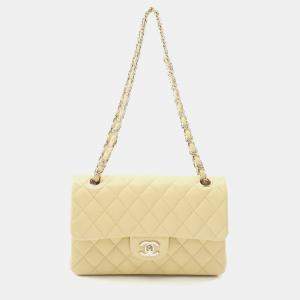 Pre Owned Chanel Matelasse W Flap Yellow Lambskin Chain Shoulder Bag