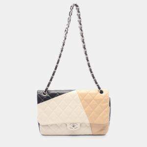 Pre Owned Chanel Brown Jumbo Classic Colorblock Lambskin Double Flap